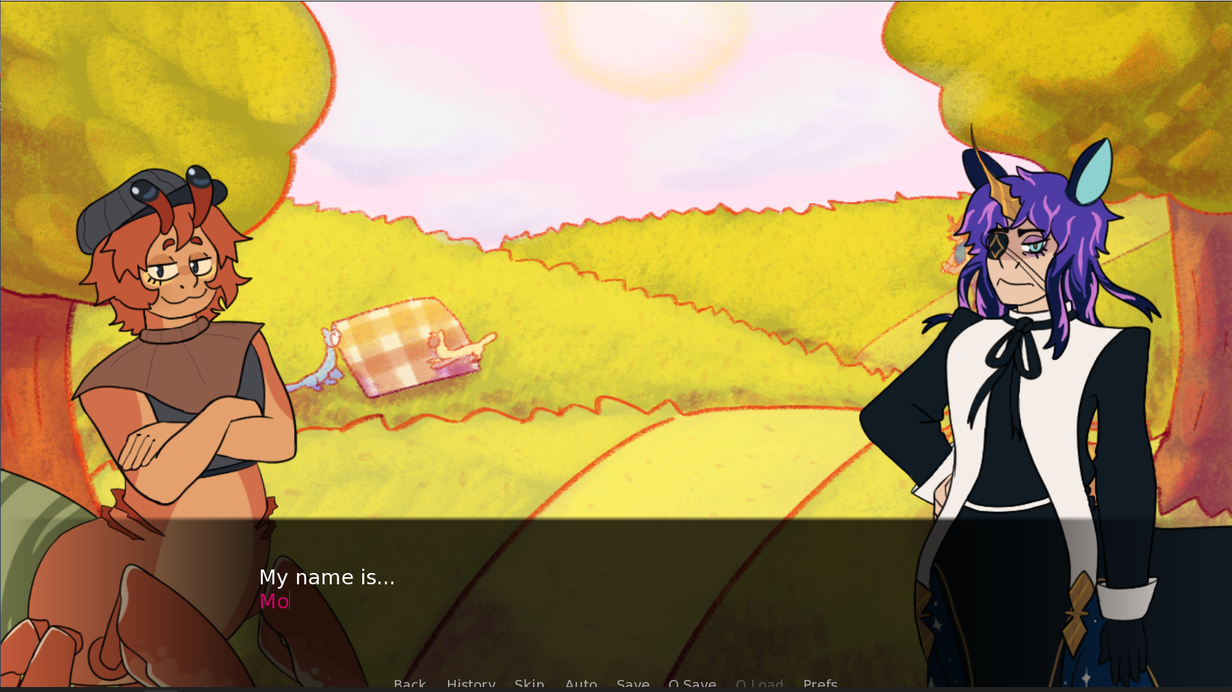 Two centaurs sit at both sides of the screen, a Crab centaur with a smug expression on the left, and a disgruntled Unicorn centaur on the right, in front of a park background. There is a dark text box asking the player to imput a name.