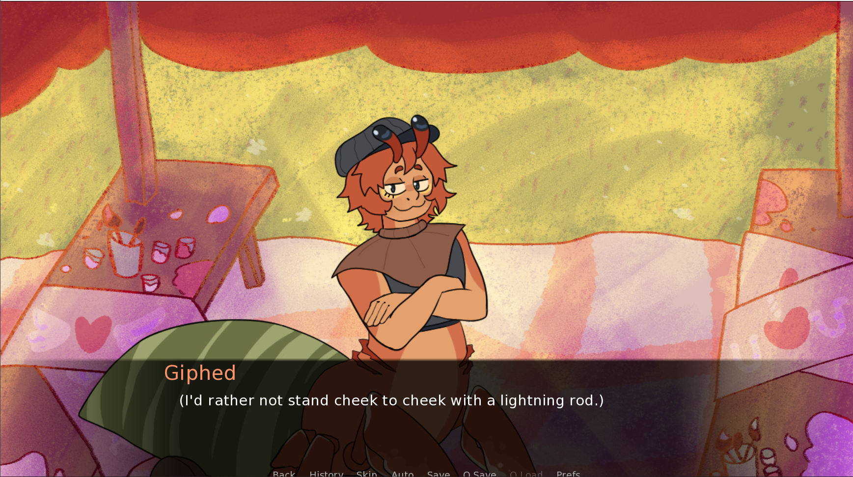 The Crab centaur, named Giphed, stands in the middle of the screen with a smug look on their face. They are standing in front of a tent with tables covered with banners and painting supplies. At the bottom of the screen there is a dark text box with Giphed saying 'I'd rather not stand cheek to cheek with a lightning rod.'